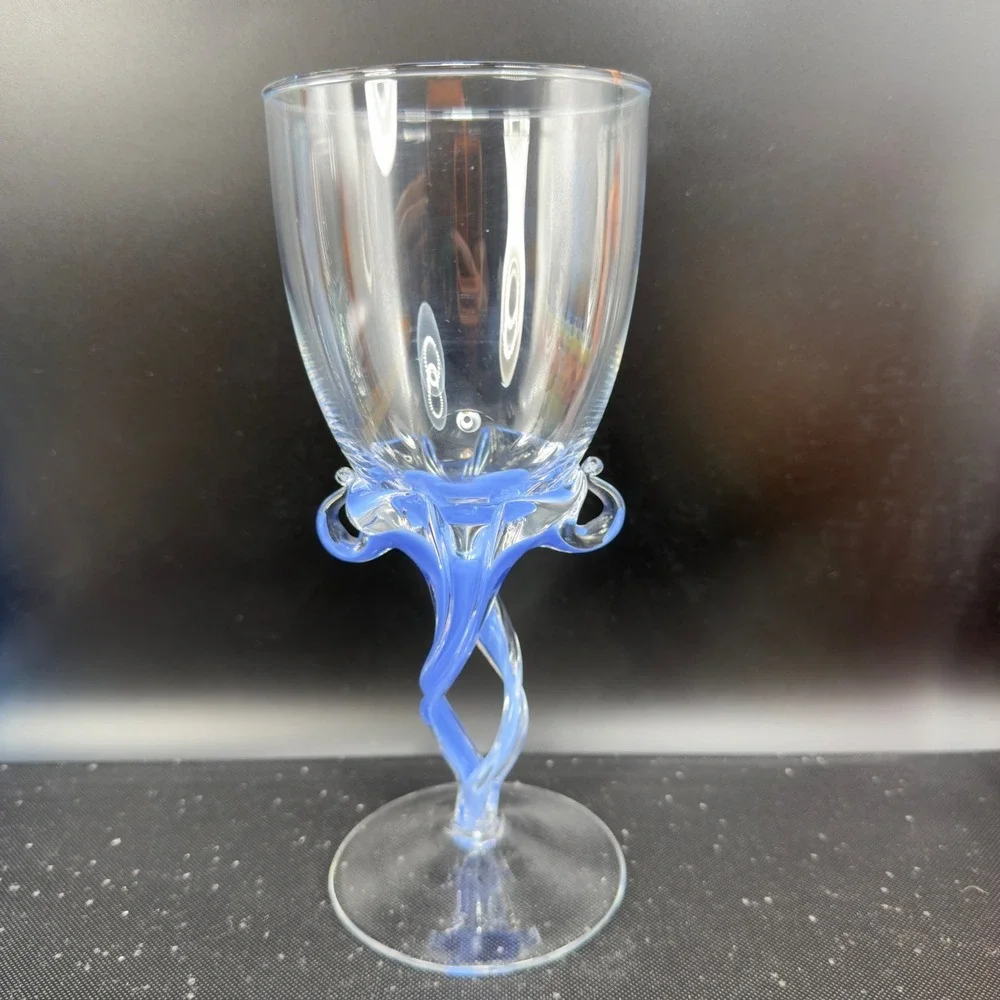 Josefina Krosno Goblet Periwinkle Blue Twisted Stem Scrolled Hand Blown‎ Glass